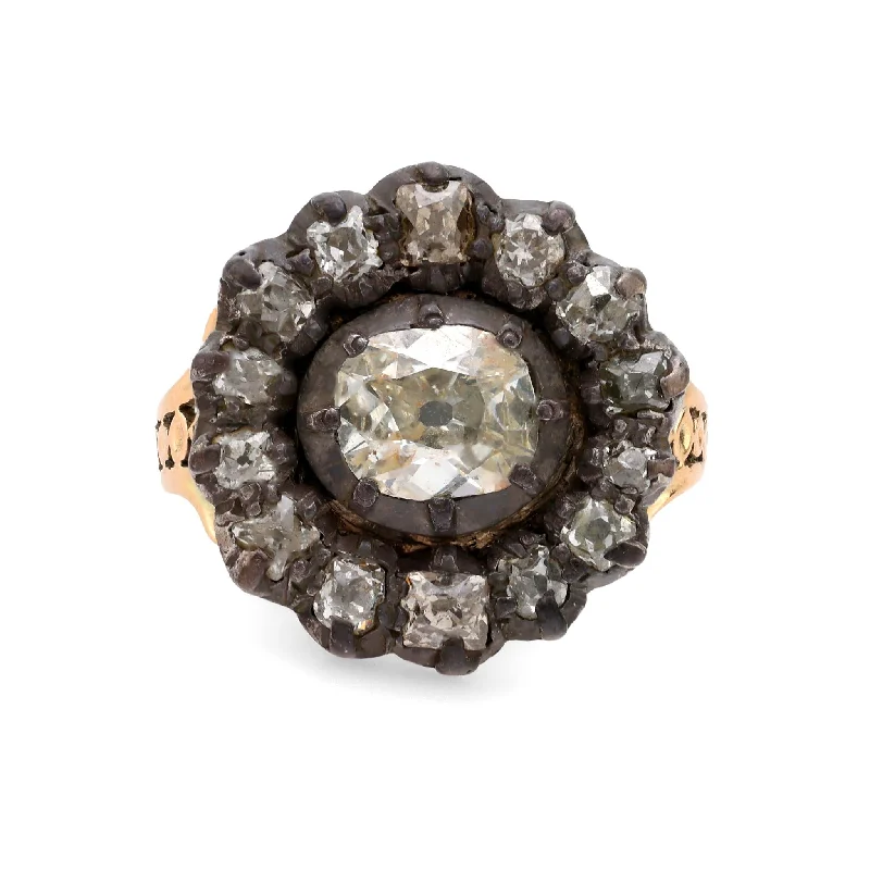 Women’s carved rings-Georgian old cut diamond 14k yellow gold silver cluster ring