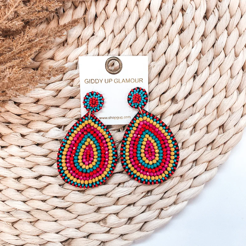 Women’s vintage-inspired earrings-Crystal Beaded Circle Post Earrings with Large Teardrop Dangle in Multi