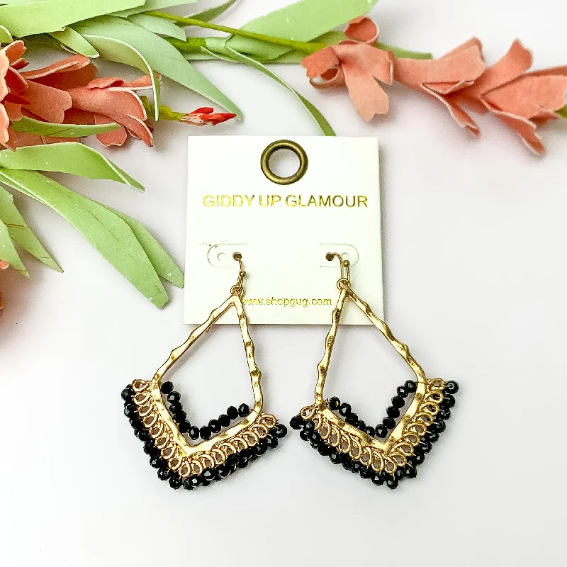 Women’s chandelier earrings-Black Crystal Beads Bordering Open Drop Gold Tone Earrings