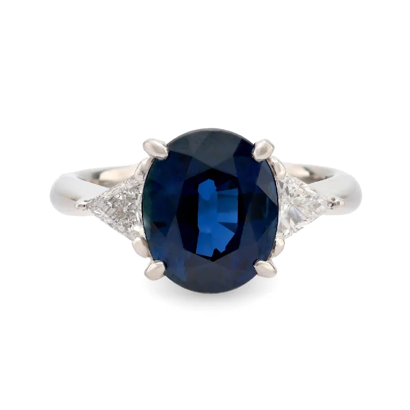 Women’s sterling silver rings-GIA 3.77 carat no heat sapphire diamond platinum three stone ring