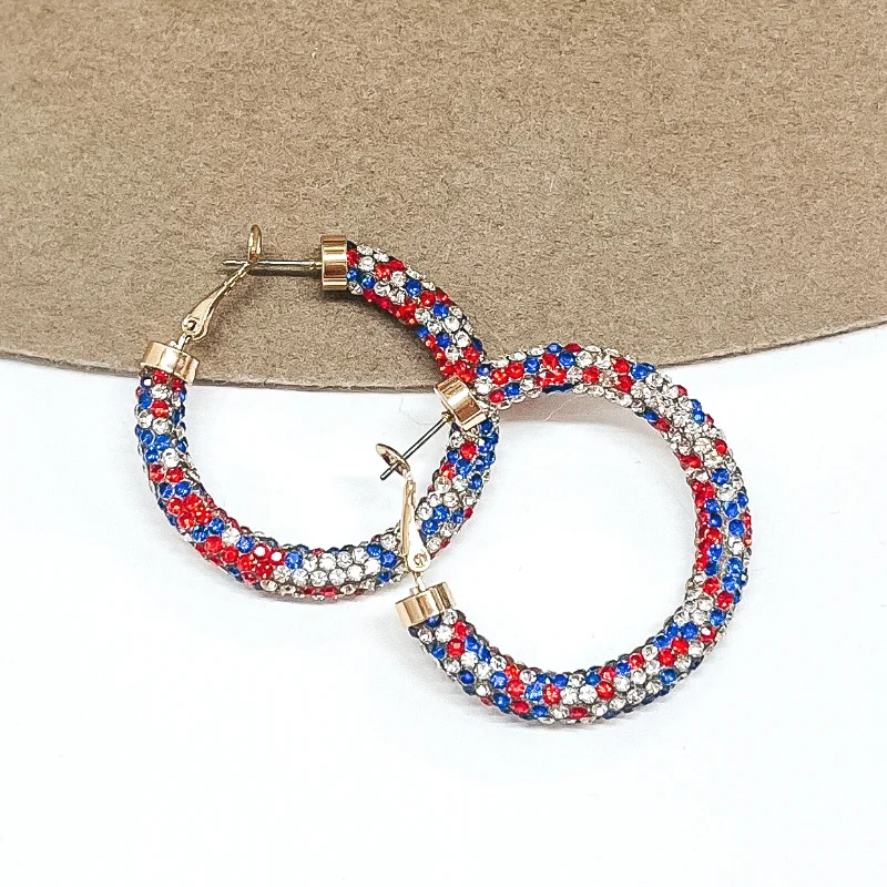 Women’s ruby earrings-Pink Panache | Small Hoop Earrings with Red, White, and Blue Rhinestone Mesh