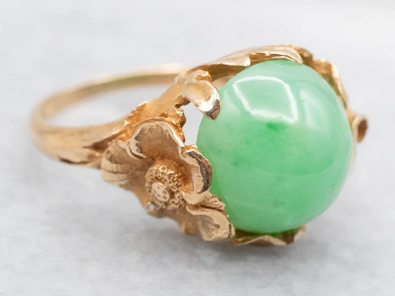 Jadeite Cabochon Ring in Vintage Gold Floral Setting