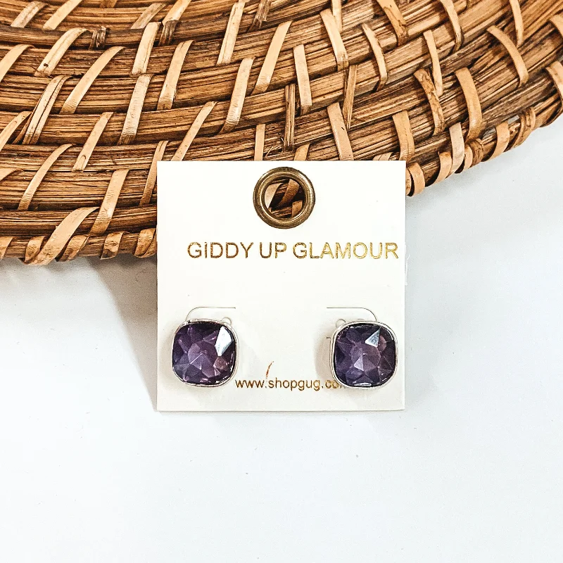 Women’s dangly earrings-Silver Tone Square Stud Earrings with Crystals in Purple