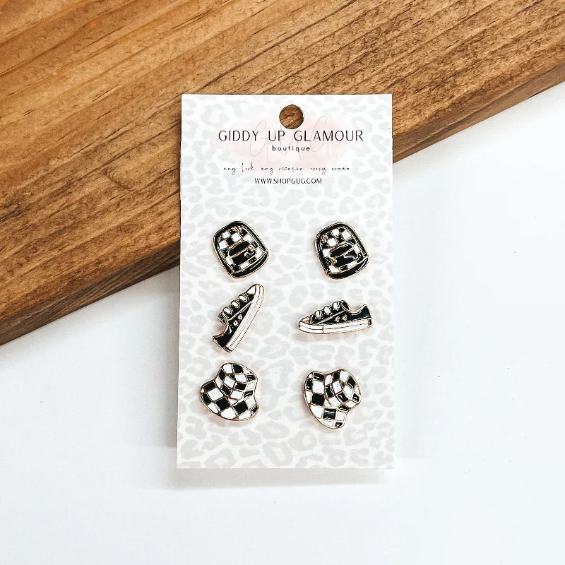 Women’s statement earrings-Black and White Checkered Pattern Stud Earring Set in Gold