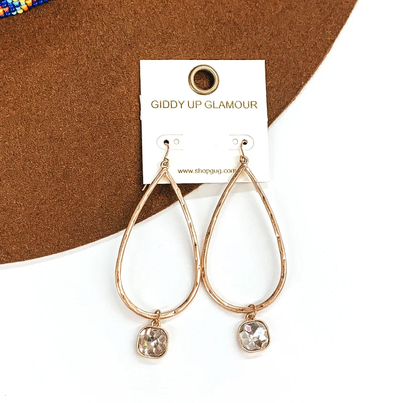 Women’s fine earrings-Large Hammered Teardrop Earrings with Clear Hanging Crystal in Gold