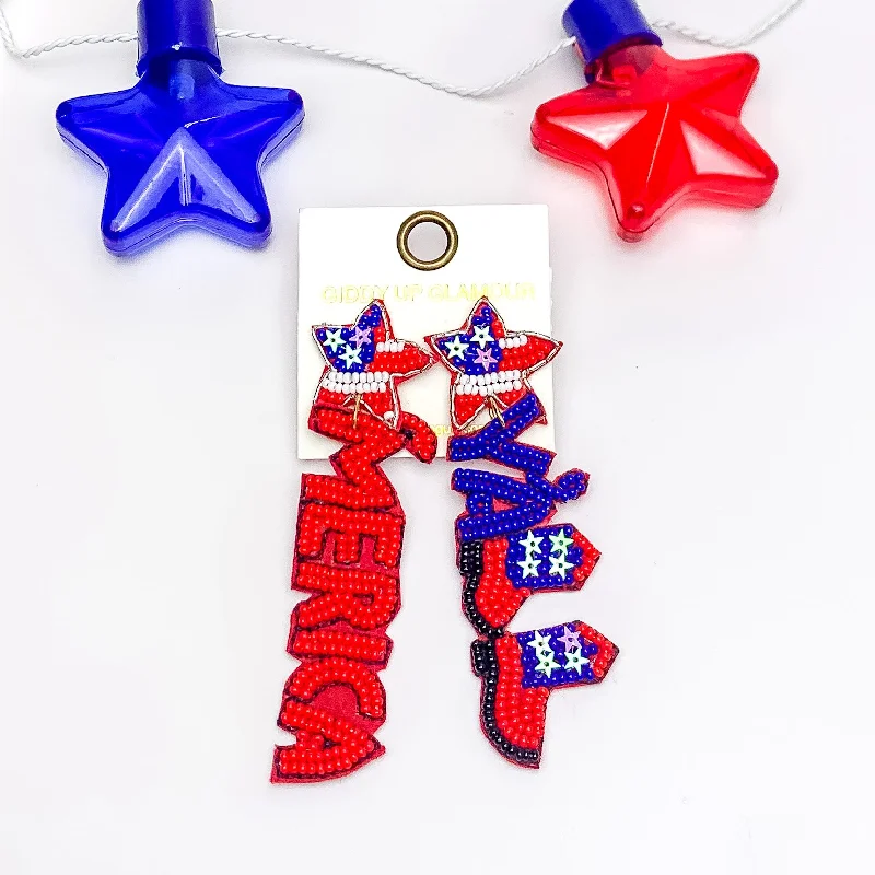 Women’s hoop earrings with diamonds-'MERICA Y'ALL Beaded Drop Earrings in Red, White, and Blue