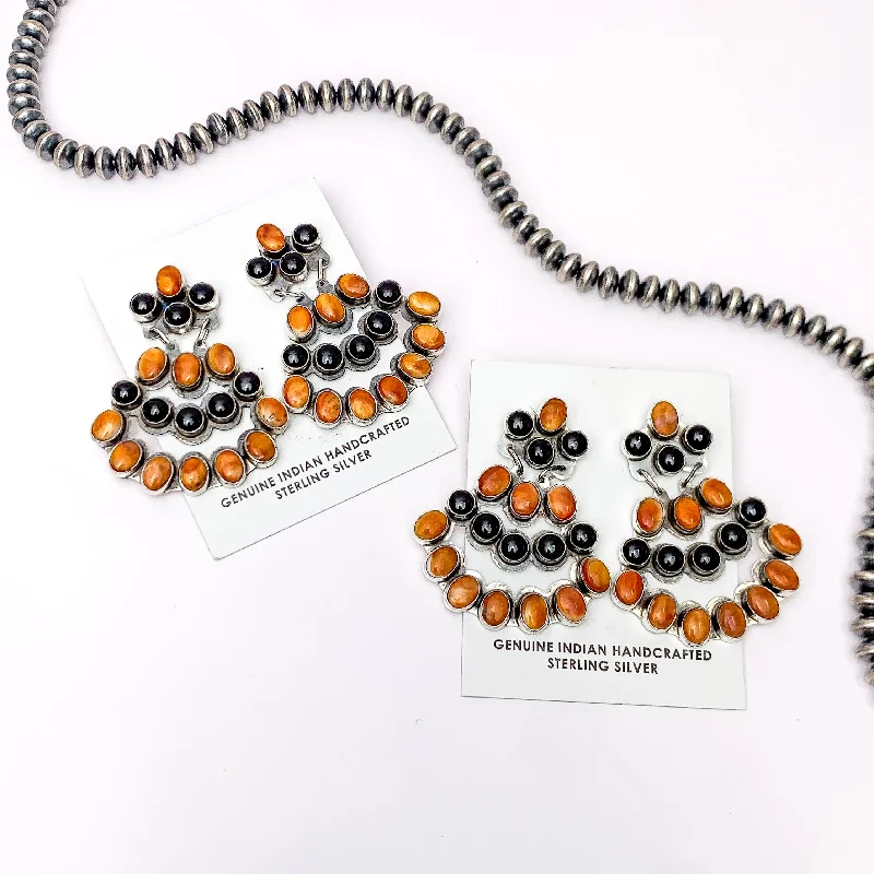 Women’s drop earrings with gemstones-JB | Navajo Handmade Sterling Silver Post Chandelier Earrings with Orange Spiny Oyster and Black Onyx Stones