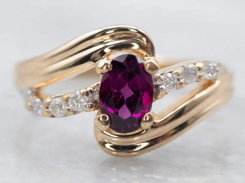 Yellow Gold Rhodolite Garnet Bypass Ring with Diamond Accents