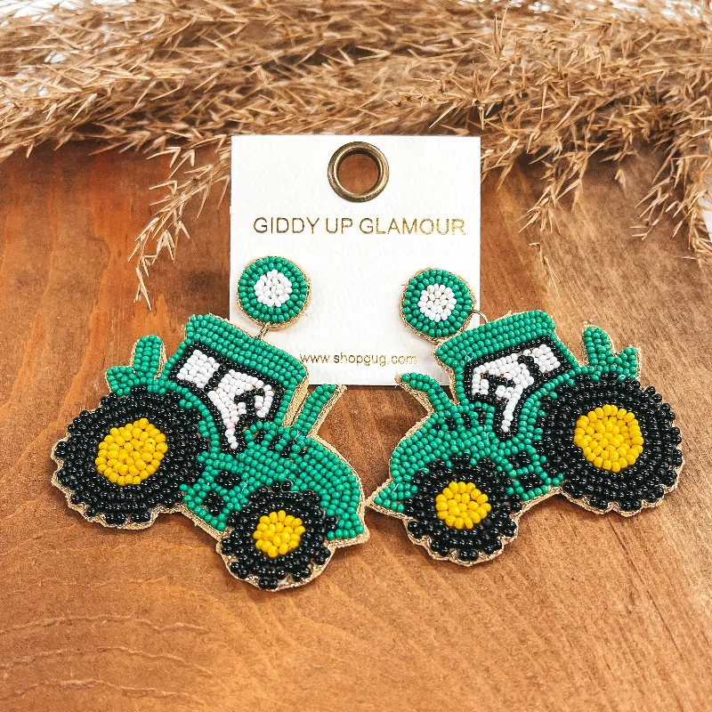 Women’s crystal stud earrings-Beaded Tractor Post Back Earrings in Green