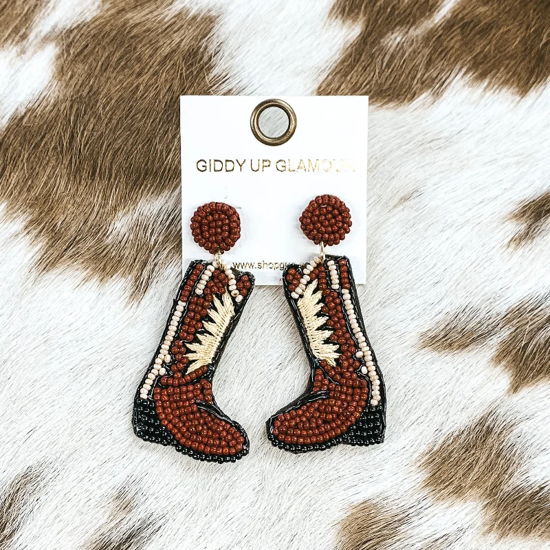 Women’s chandelier earrings-Beaded Boot Post Back Earrings in Brown