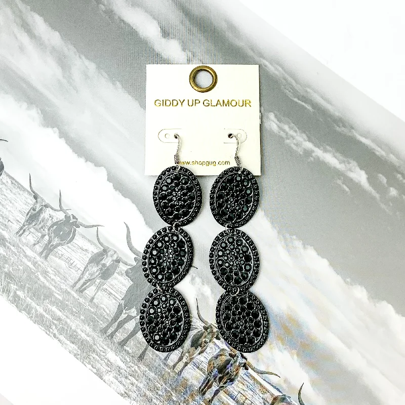 Women’s handmade earrings-Three Tier Black Outline with Black Crystals Oval Dangle Earrings