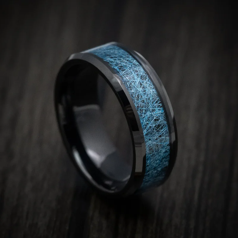 Black Tungsten Men's Ring with Blue Silk Inlay