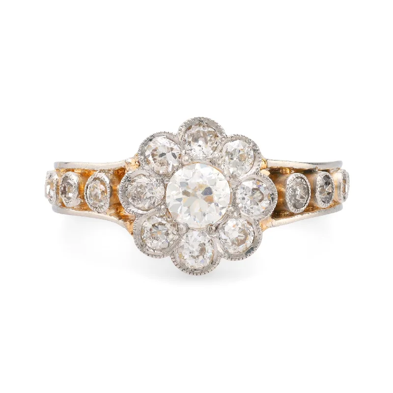 Women’s solitaire rings-Edwardian 1.50 carat total weight diamond 18k yellow gold flower ring