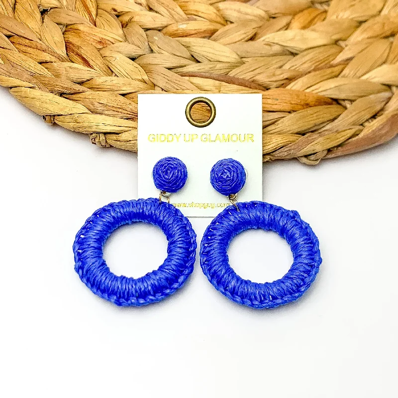 Women’s asymmetrical earrings-Beachside Café Raffia Wrapped Circle Earrings in Royal Blue