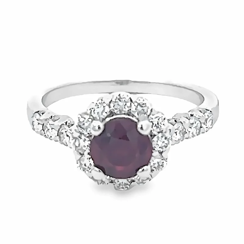 Women’s eco-friendly rings-Round Ruby and Diamond Halo Ring