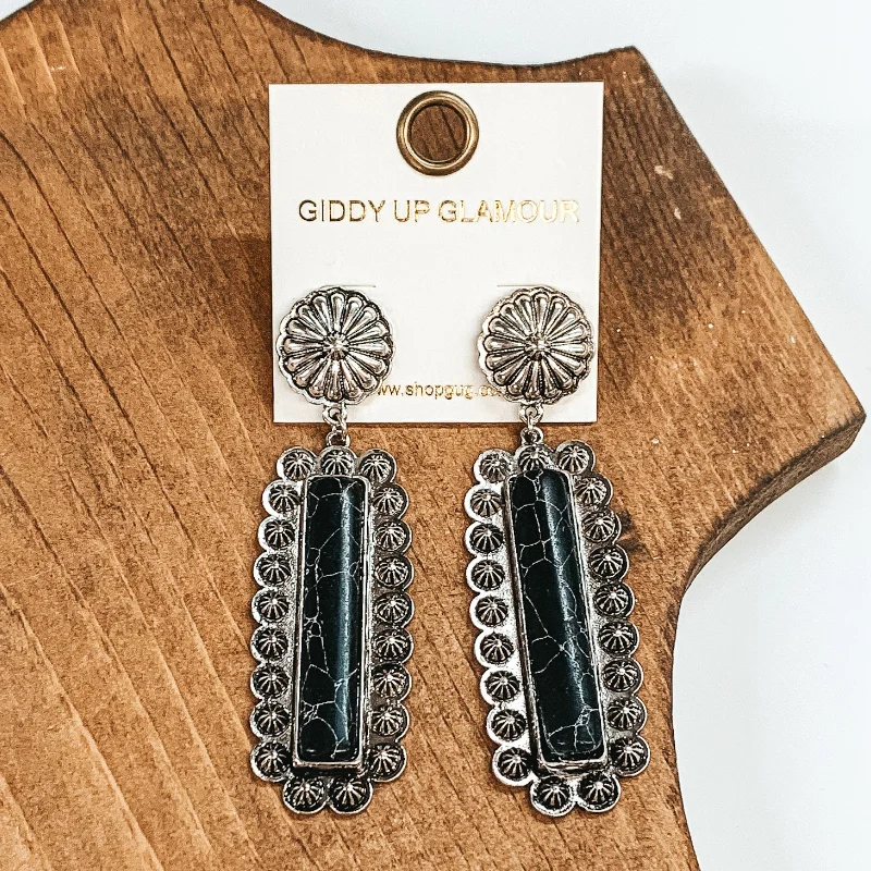 Women’s oversized earrings-Circle Concho Post Earrings with Rectangle Drop in Black