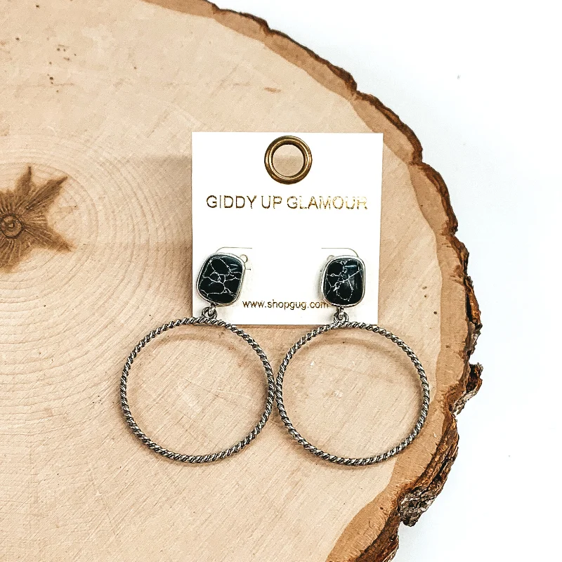 Women’s elegant drop earrings-Soulful Look Circle Drop and Stone Post Silver Earrings in Black