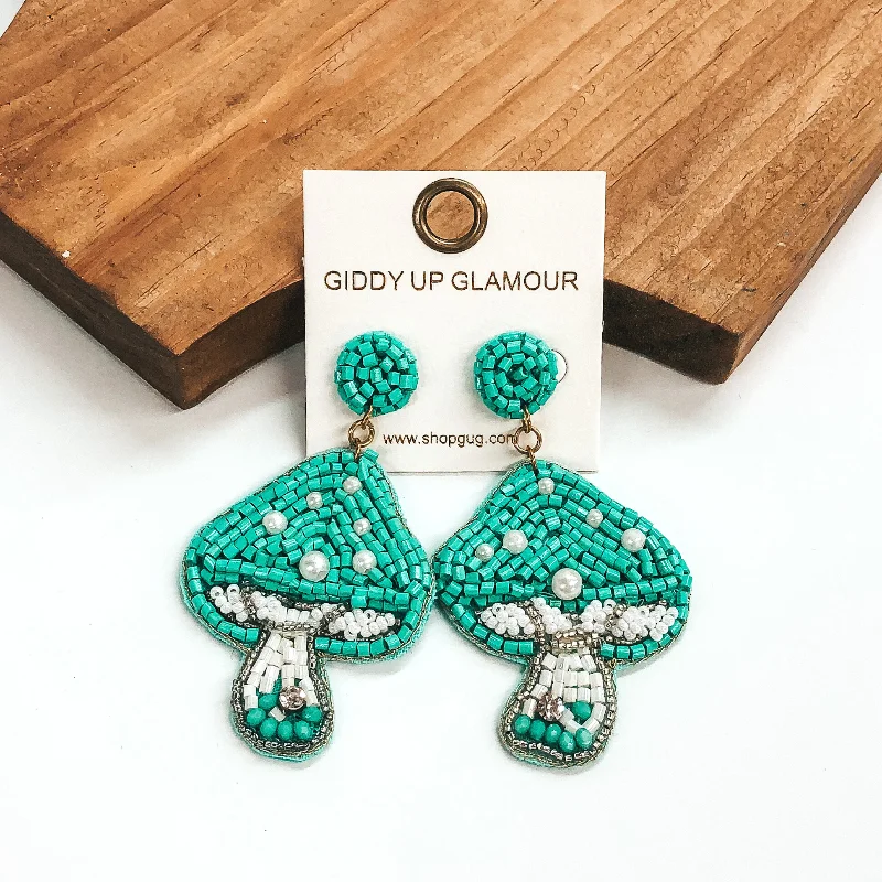 Women’s stylish earrings-Seed Beaded Mushroom Earrings in Turquoise