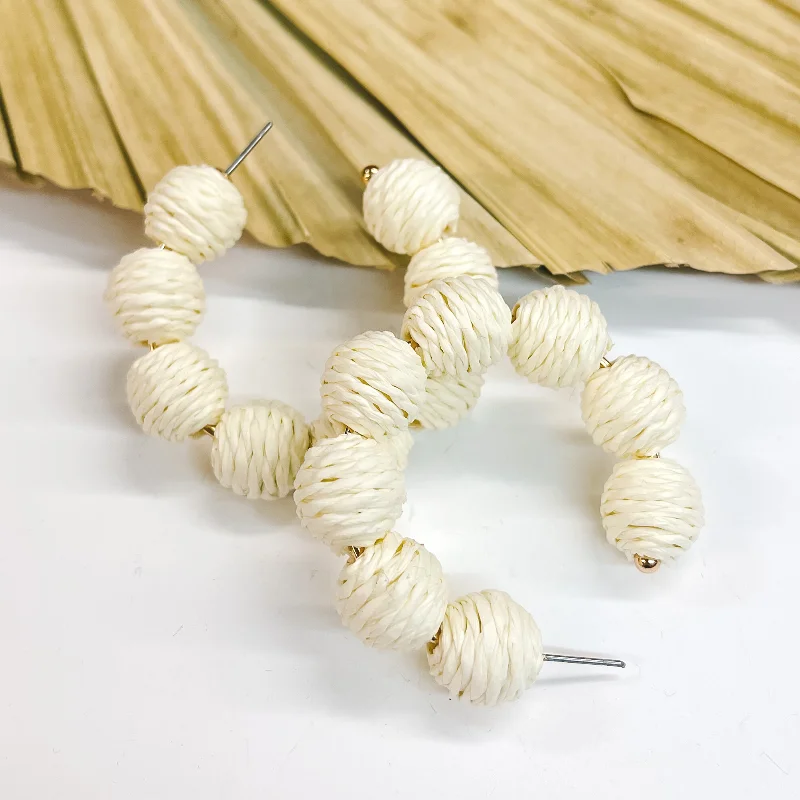 Women’s fashionable earrings-Raffia Ball Hoop Earrings in Ivory