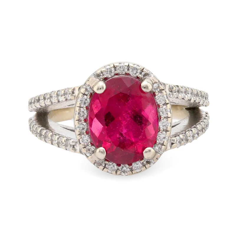 Women’s antique rings-Vintage 2.30 carat pink tourmaline diamond 14k white gold pave ring