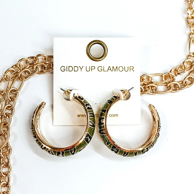 Women’s crystal earrings-Large Gold Hoop Earrings with Black Leopard Print in Olive