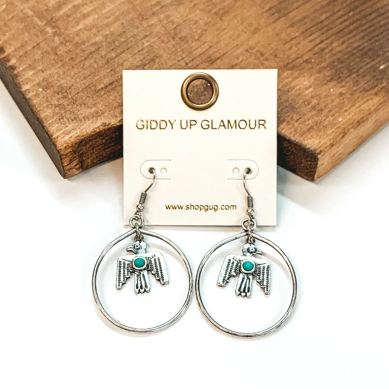 Women’s dangly earrings-Circle Drop Earrings with Hanging Thunderbird Pendant in Silver