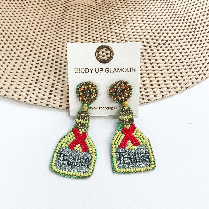 Women’s vintage-inspired earrings-Beaded Tequila Bottle in Lime Green