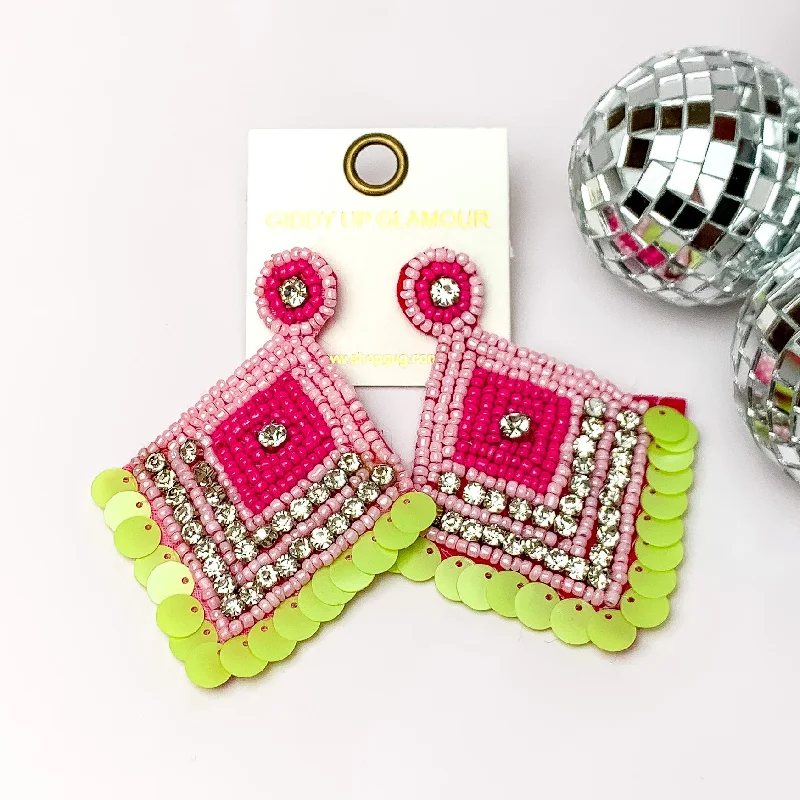 Women’s moonstone earrings-Fashionista Diamond Shaped Beaded Earrings in Pink, and Green