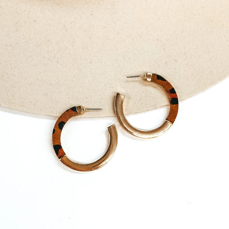 Women’s crystal dangly earrings-Gold Flat Hoop Earrings with Half Leopard Print in Brown