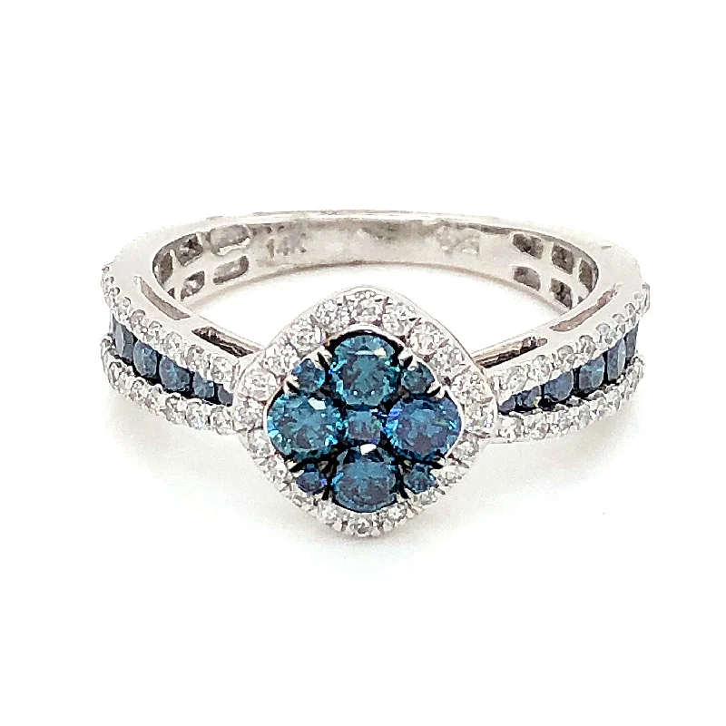 Women’s ring with initials-Blue Diamond Diagonal Cushion Cluster Halo Ring