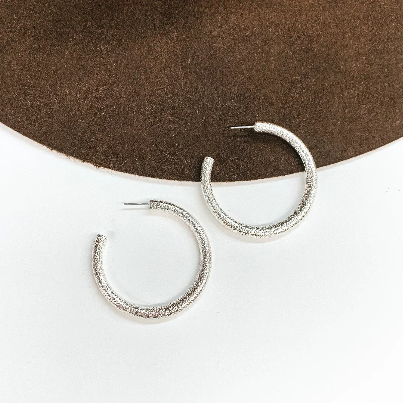 Women’s fashion drop earrings-Textured Large Sized Hoop Earrings in Silver