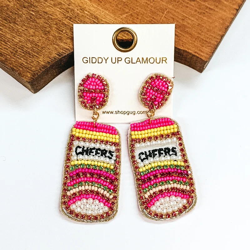 Women’s silver chandelier earrings-Cheers Drink Can Beaded Earrings in Pink