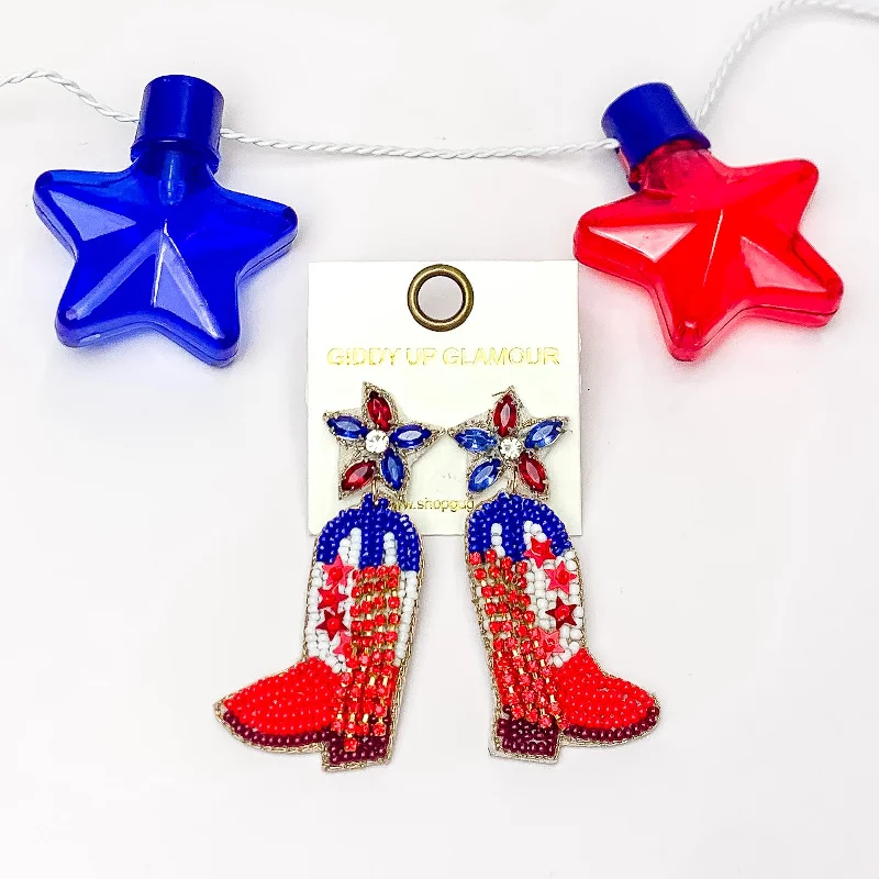 Women’s elegant earrings-Patriotic Beaded Boot Earrings with Blue and Red Crystals