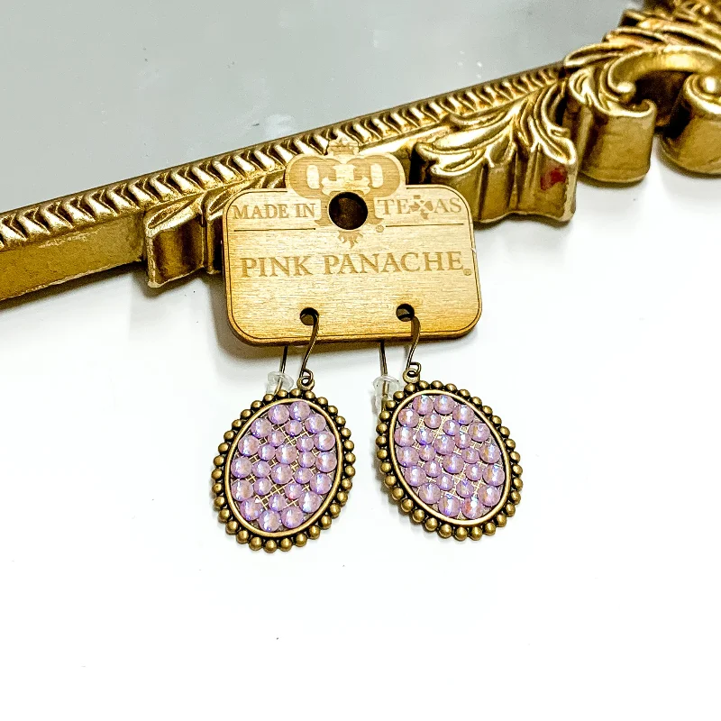 Women’s eco-friendly earrings-Pink Panache | Small Bronze Tone Oval Earrings with Lavender Crystals