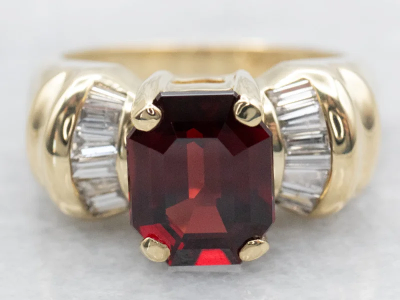 Modern Gold Garnet Cocktail Ring with Baguette Diamonds