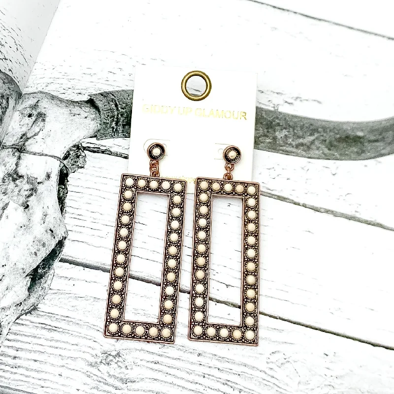 Women’s sparkling earrings-Copper Tone Rectangular Drop Earrings With Stones in Ivory