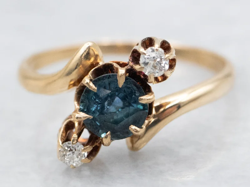 Sapphire and Old Mine Cut Diamond Bypass Buttercup Ring