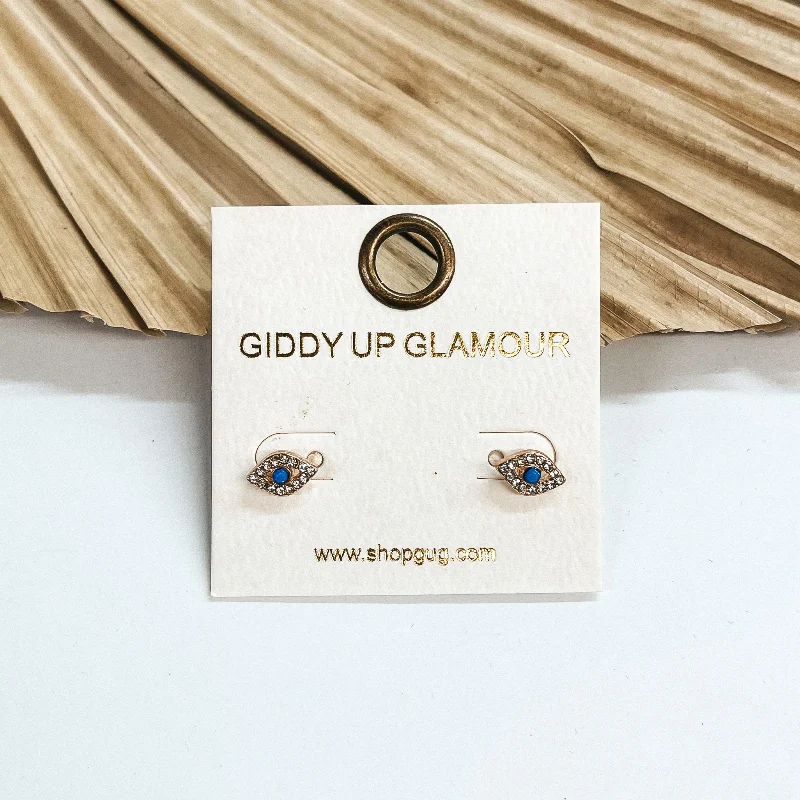 Women’s gemstone stud earrings-CZ Crystal Evil Eye Studs in Blue and Gold Tone