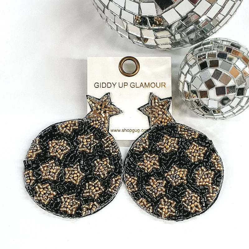 Women’s delicate gold earrings-Circle Black Beaded Earrings with Gold Star