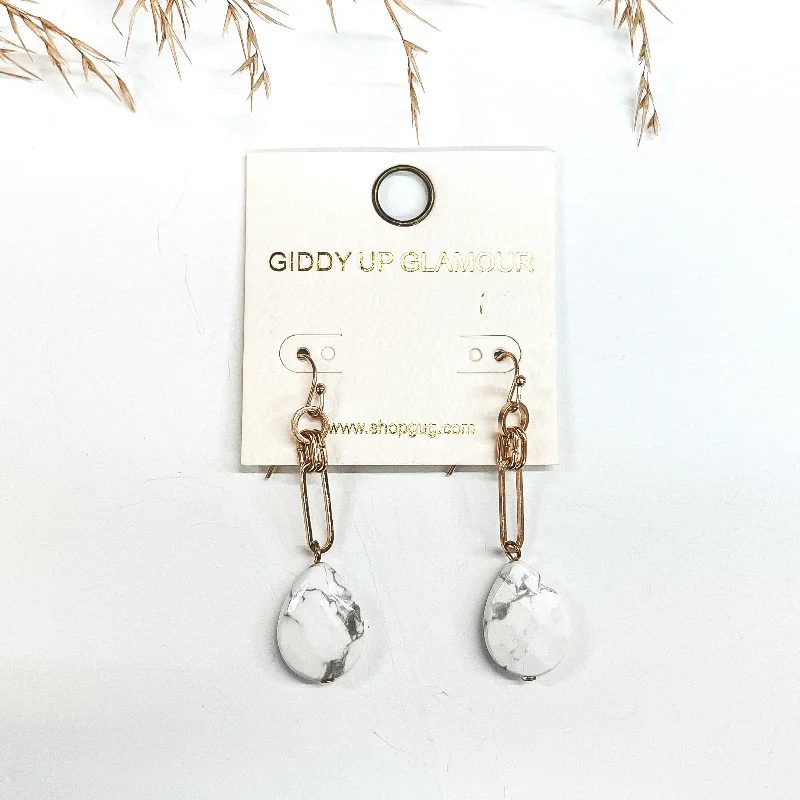 Women’s oversized earrings-Chain Link Natural Stone Drop Earrings in White