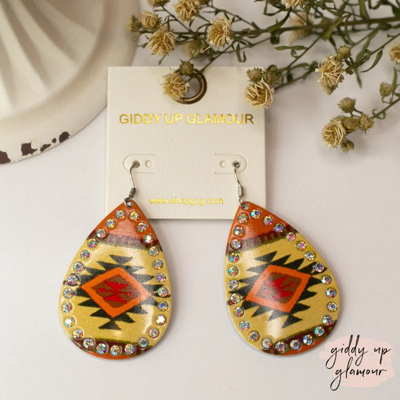 Women’s chic earrings-Aztec Teardrop Earrings with AB Crystal Outline in Orange