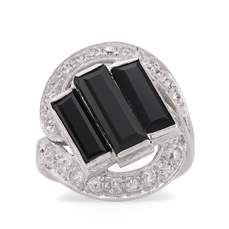 Women’s vintage-inspired rings-Art Deco Onyx Diamond Platinum Three Stone Ring