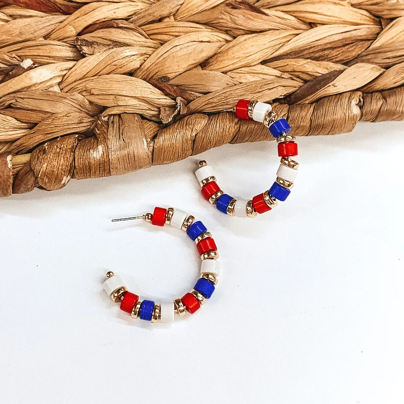 Women’s star-shaped earrings-Hoop Post Earrings with Red, White, Blue Beads and Gold Spacers