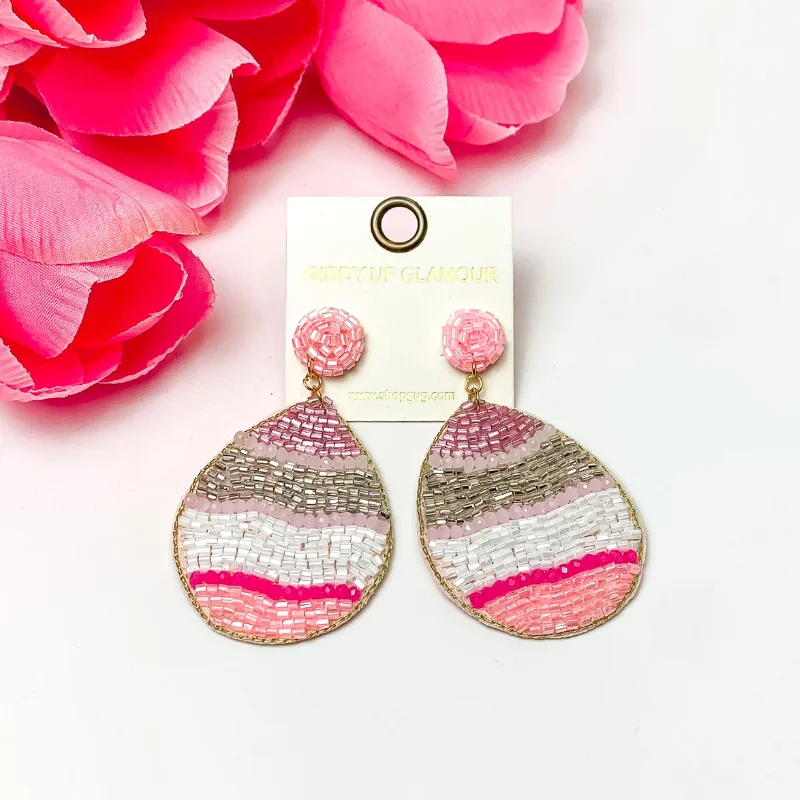 Women’s sparkling earrings-Beaded Easter Egg Earrings with Pink and Silver Crystal Beads