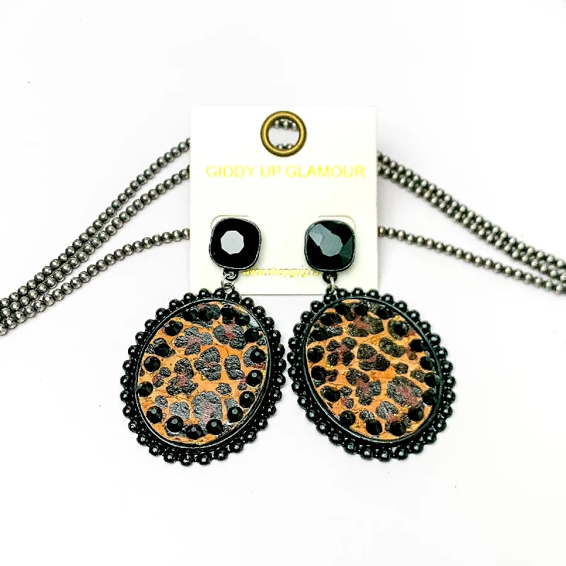 Women’s gemstone earrings-Black Crystal Post Black Oval Earrings with Leopard Print Inlay and Black Crystal Outline