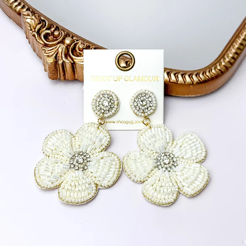 Women’s gold stud earrings-Beaded Flower Earrings in White with Crystal Stones