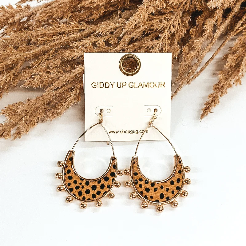 Women’s gold stud earrings-Gold Teardrop Earrings with a Brown Dotted Print