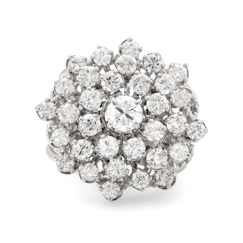 Women’s geometric statement rings-Mid Century 3 carat total weight diamond 14k white gold snowflake cluster ring