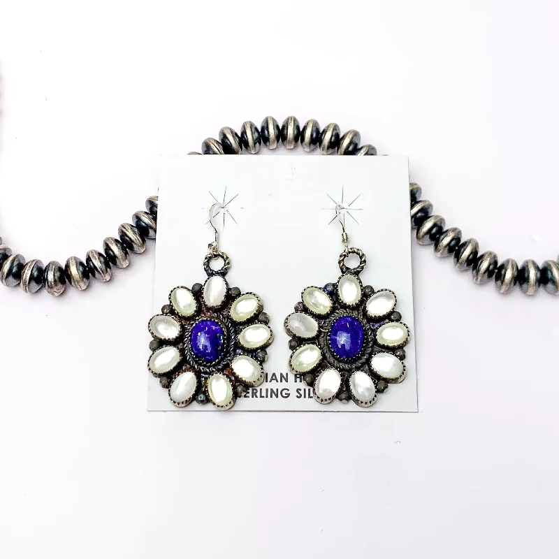 Women’s silver hoop earrings-Daniel Benally | Navajo Handmade Sterling Silver Flower Dangling Cluster Earrings with White Water Pearl and Dark Lapis Stones