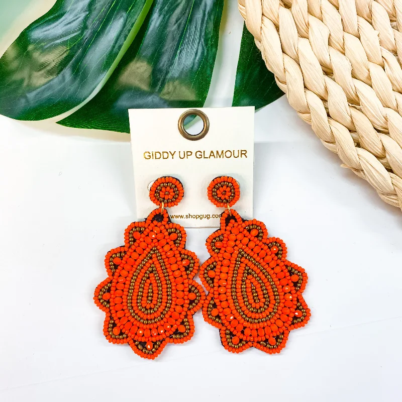 Women’s layered earrings-Light Up The Night Seed Bead Teardrop Earrings in Orange